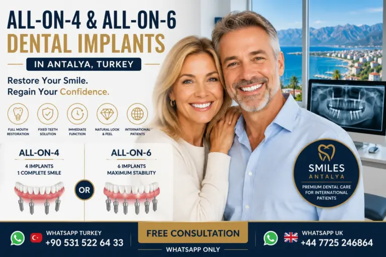 Patient smiling after full mouth restoration with All-on-4 and All-on-6 dental implants in Antalya Turkey