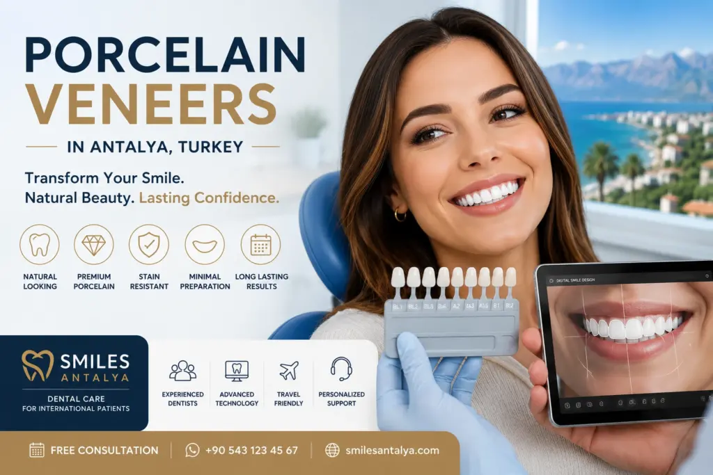 Patient showing beautiful smile after porcelain veneer treatment in Antalya Turkey