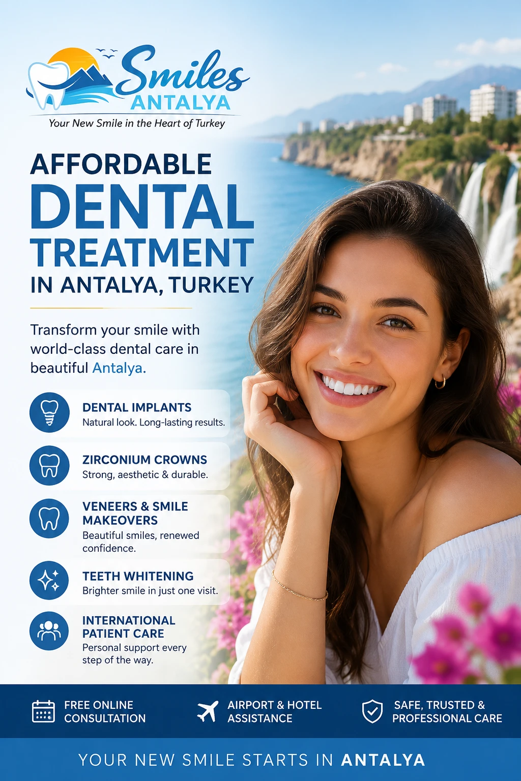 Smiling dental patient in Antalya promoting dental implants, zirconium crowns and smile makeovers