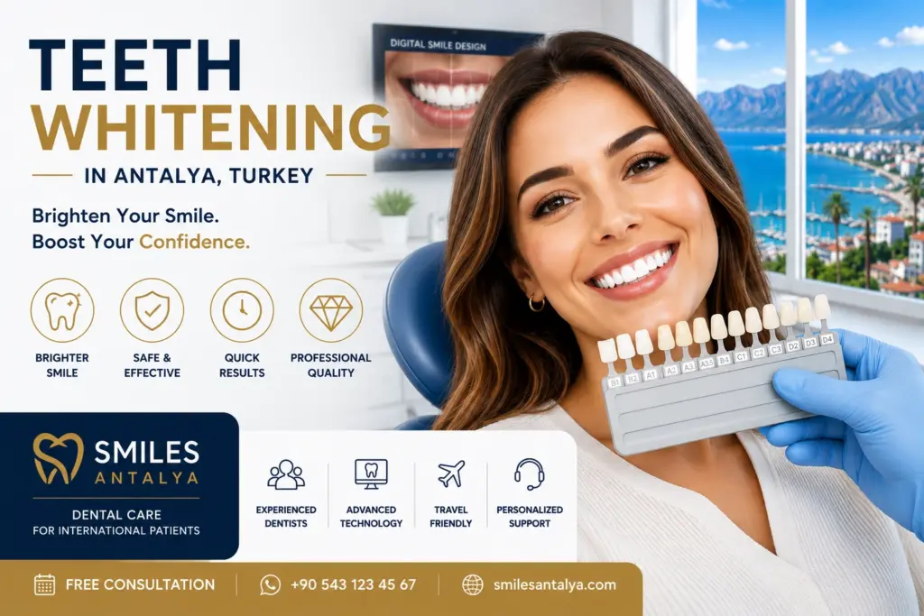 Patient showing bright white smile after professional teeth whitening treatment in Antalya Turkey