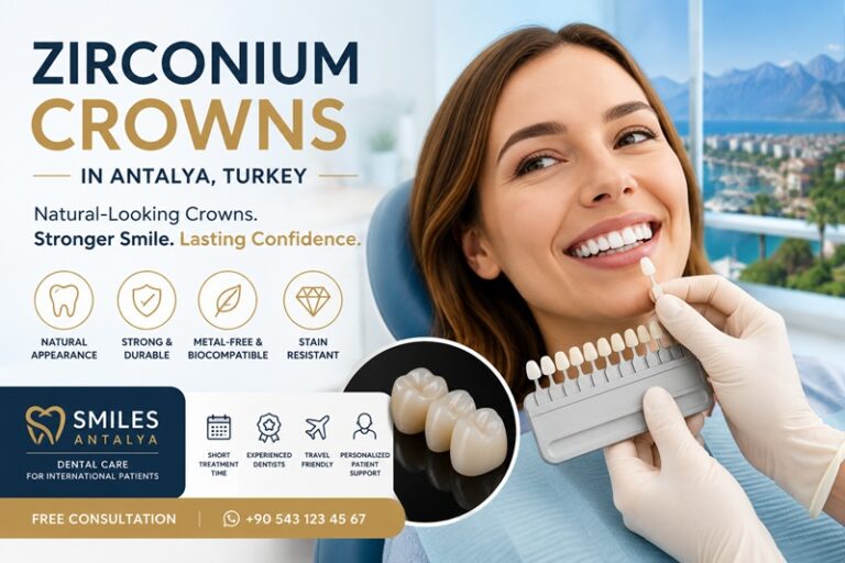 Patient showing natural smile after zirconium crown treatment in Antalya Turkey
